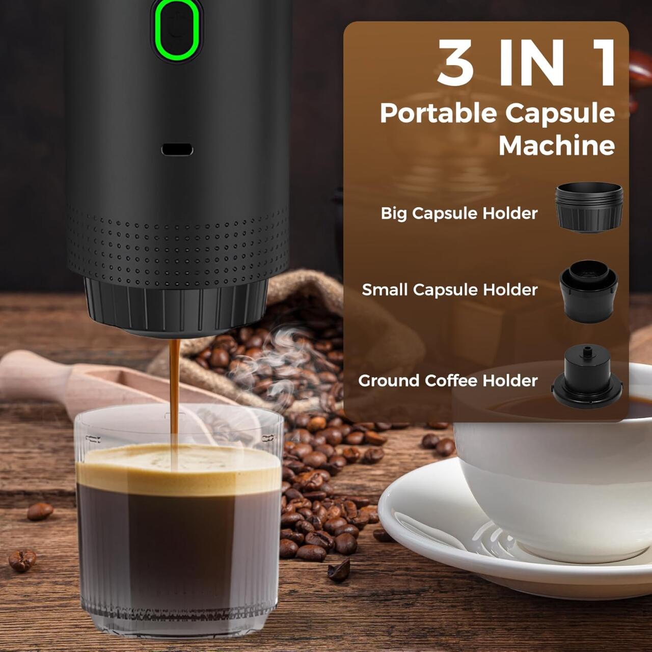 Cafeteria Portátil 3 em 1 – Máquina de Café Expresso Compacta e Recarregável