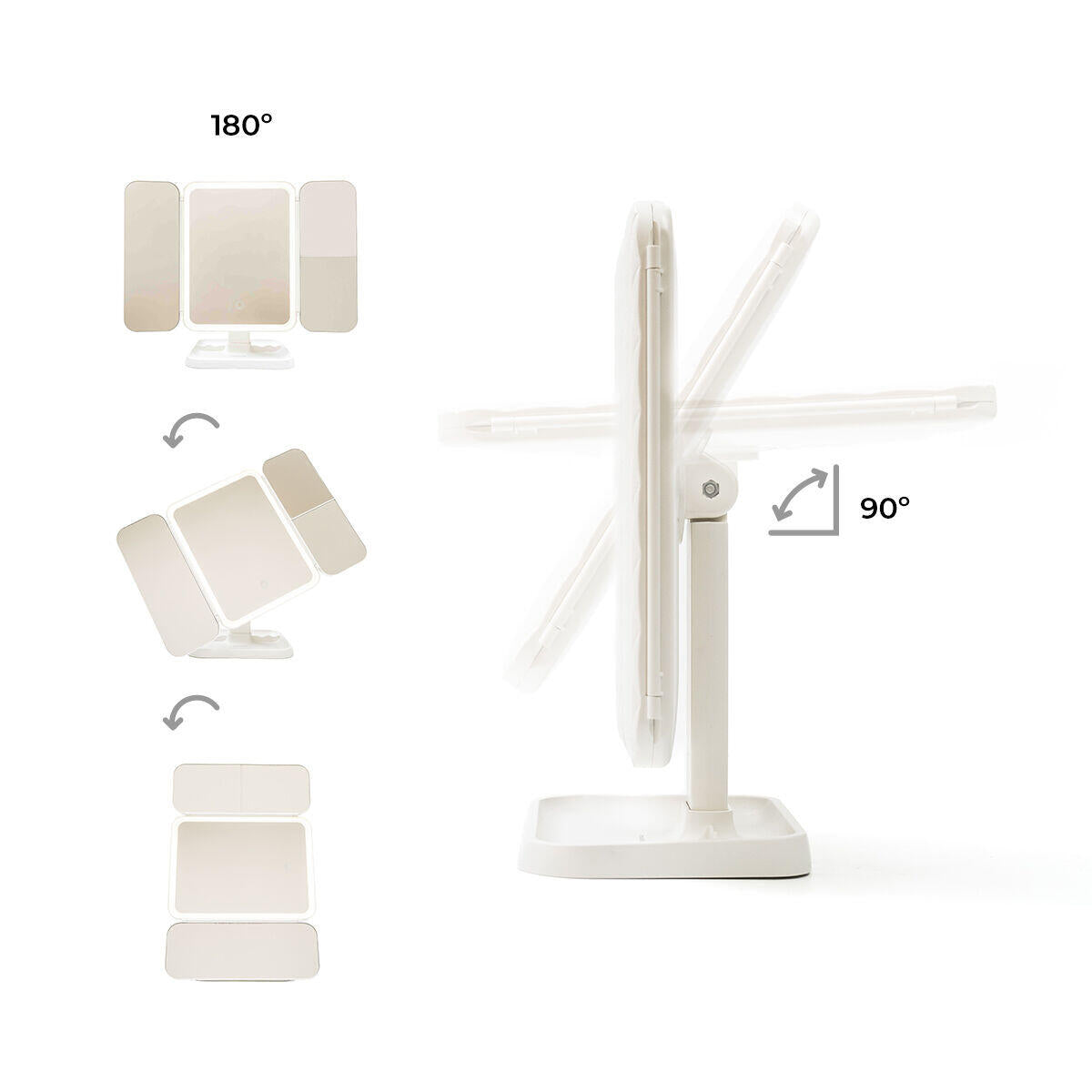 Espelho de Maquilhagem Tríptico Recarregável com LED